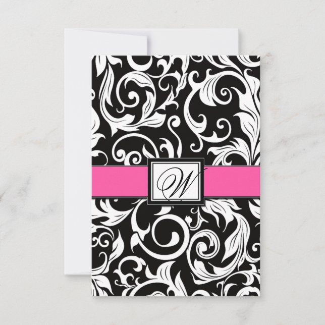 Monogram Black & Pink Damask Wedelkarten RSVP Kart Karte (Vorderseite)