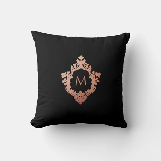 Monogram Black Pink Rose Gold Elegantes Verziertes Kissen (Vorderseite)