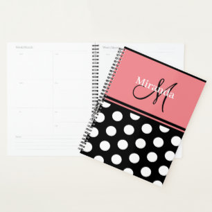 Monogram, Black Pink White Polka Dots Script Planer