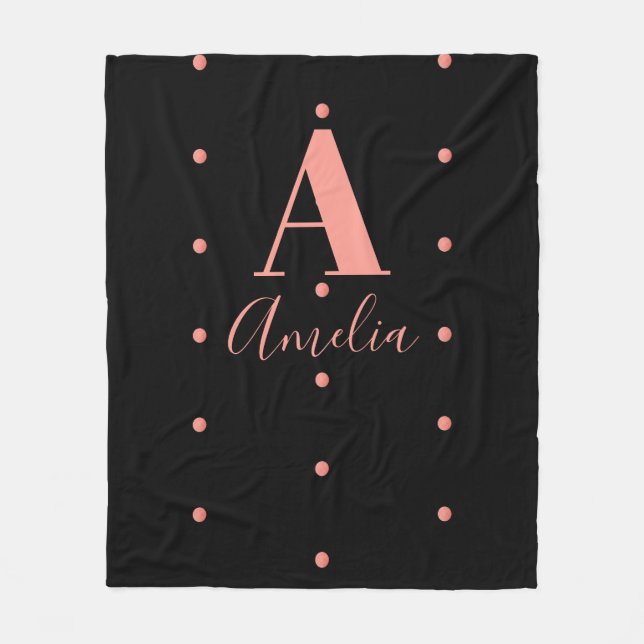 Monogram Black Rose Gold Polka Dot Fleecedecke (Vorderseite)