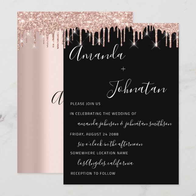 Monogram Black Rose Gold Tropfen Hochzeit Einladung (Vorne/Hinten)