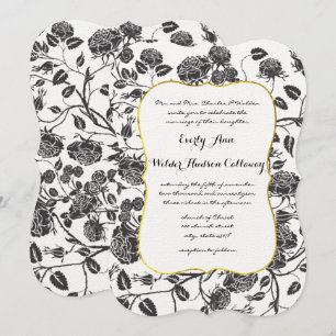 Monogram Black Rose Toile Gold Border Wedding Einladung