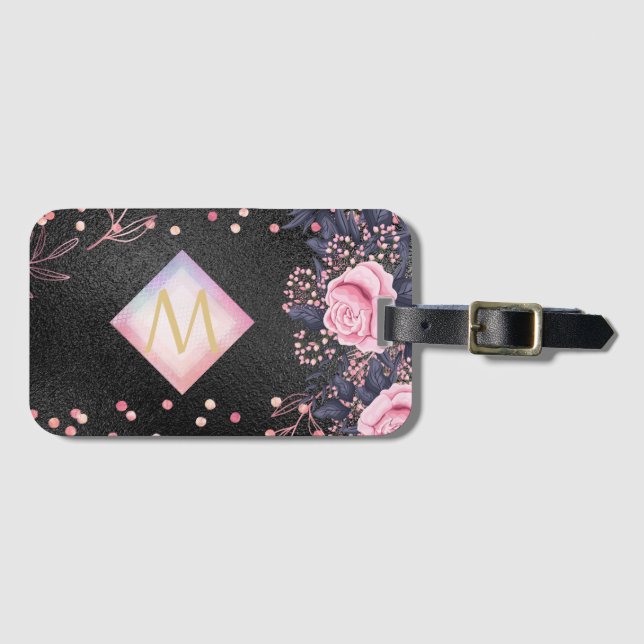 Monogram Black ROSEGOLD Pink Metallic Glitzer Girl Gepäckanhänger (Vorderseite (Horizontal))