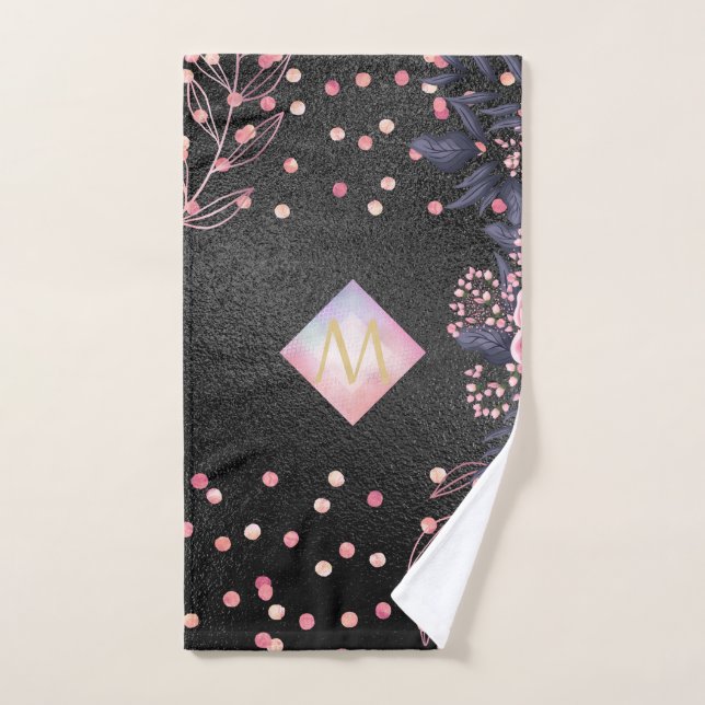 Monogram Black ROSEGOLD Pink Metallic Glitzer Girl Handtuch (Handtuch)