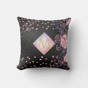 Monogram Black ROSEGOLD Pink Metallic Glitzer Girl Kissen