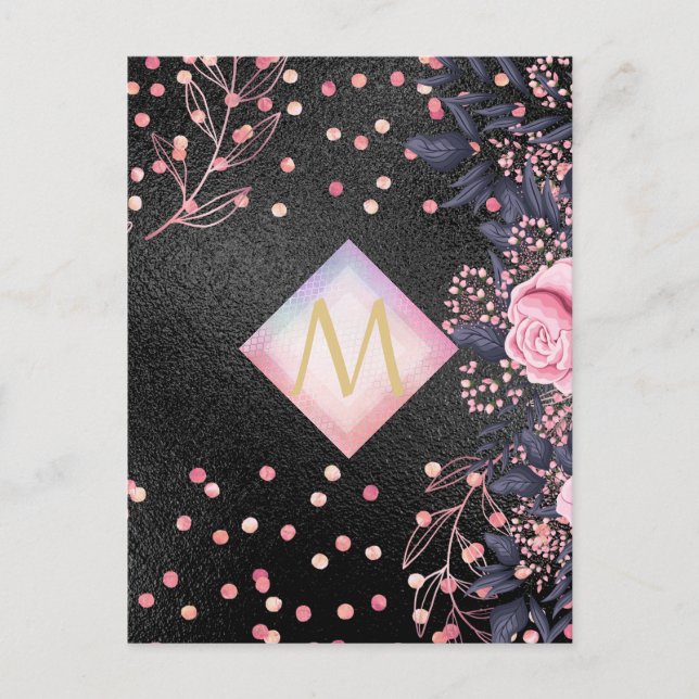 Monogram Black ROSEGOLD Pink Metallic Glitzer Girl Postkarte (Vorderseite)