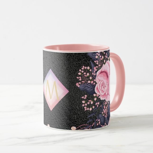 Monogram Black ROSEGOLD Pink Metallic Glitzer Girl Tasse (VorderseiteRechts)
