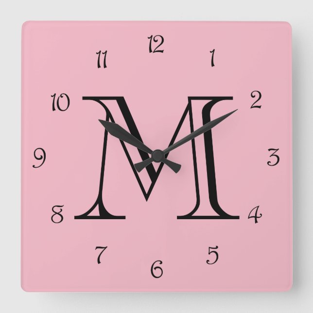 Monogram Black Script Numbers On Pink wccn Quadratische Wanduhr (Vorderseite)