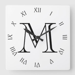 Monogram Black Script Roman Numbers On White wccn Quadratische Wanduhr