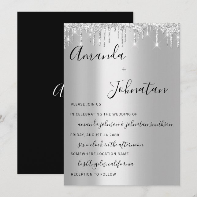 Monogram Black Silver Tropfens Gray Spark Einladung (Vorne/Hinten)