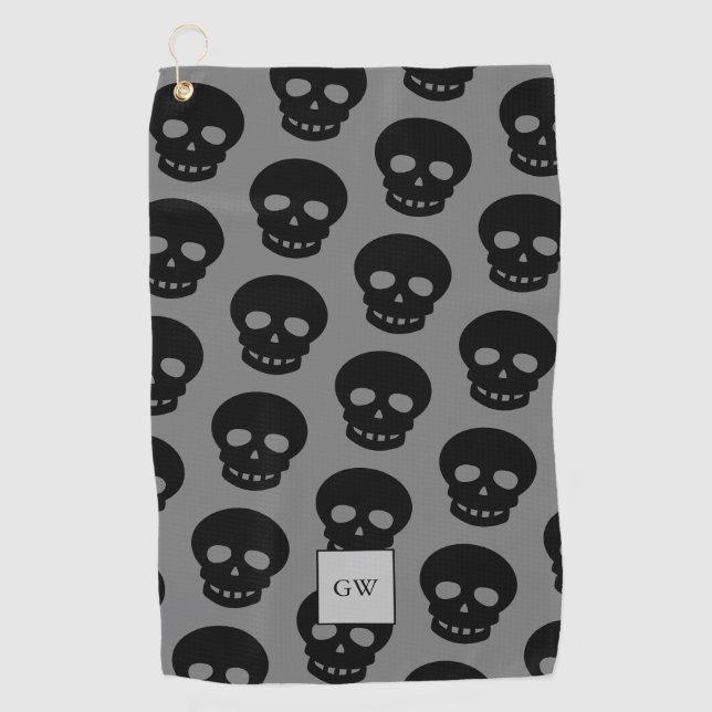 Monogram Black Skull Gray Goth Pattern Novelty Golfhandtuch (Vorderseite)
