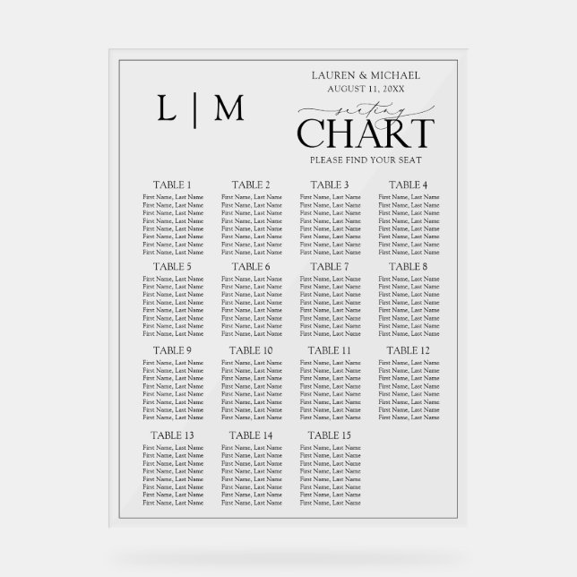 Monogram Black Typografy Wedding Seating Chart Acrylschild (Vorderseite)