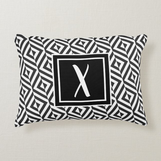 Monogram Black & White Diamond Muster Dekokissen (Vorderseite)