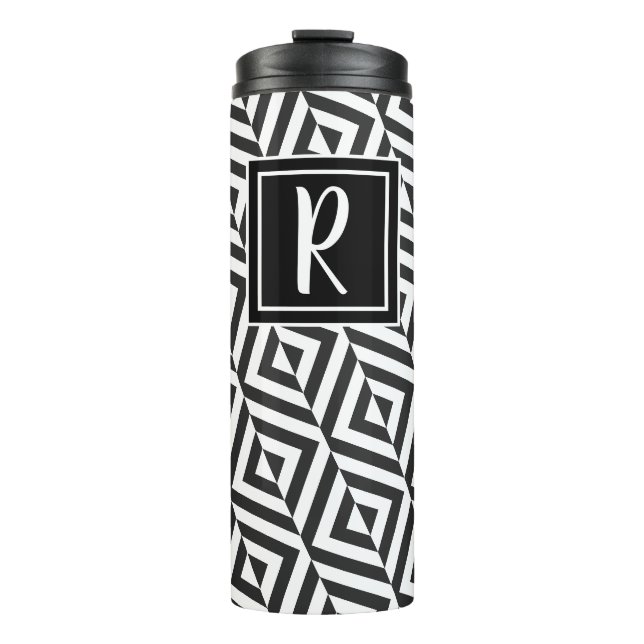 Monogram Black & White Diamond Muster Thermosbecher (Vorderseite)