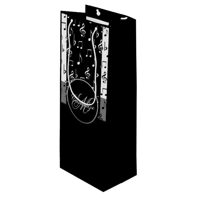 Monogram Black & White Musical Stripes Weinbeutel  Geschenktüte Für Weinflaschen (Vorderseite Schrägansicht)