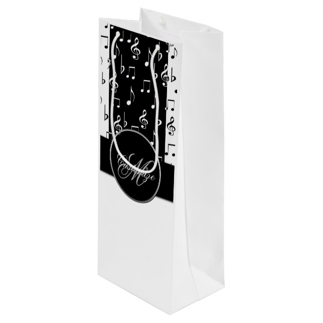 Monogram Black & White Musical Stripes Weinbeutel  Geschenktüte Für Weinflaschen (Vorderseite Schrägansicht)