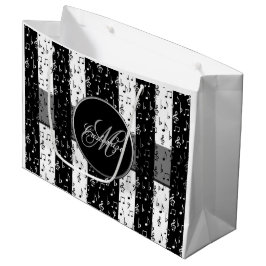 Monogram Black & White Musikstreifen Große Tasche Geschenktüte