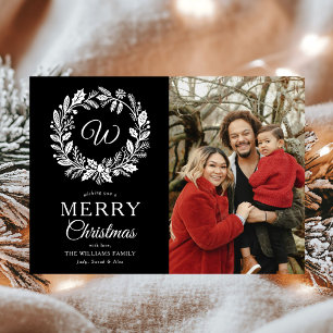Monogram Black Wreath Frohe Weihnachts-Foto Feiertagskarte