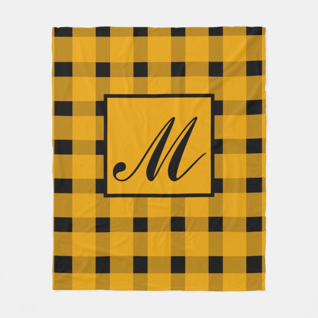 Monogram Black Yellow Gingham Pattern Fleecedecke (Vorderseite)