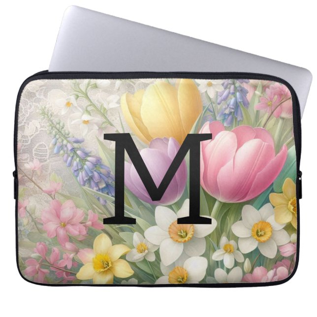 Monogram, bläserpastellfarbene Pink-Tulips Laptopschutzhülle (Vorderseite)