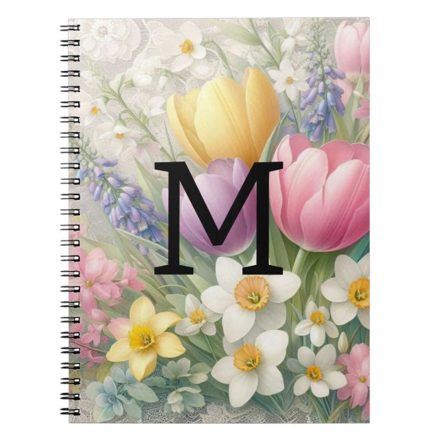Monogram, bläserpastellfarbene Pink-Tulips Notizblock (Vorderseite)