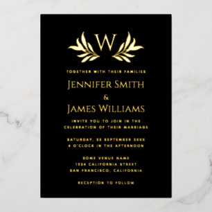 Monogram Blätter Simple Elegant Black Gold Wedding Folieneinladung