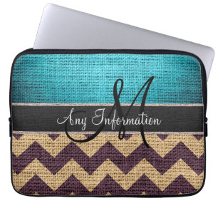 Monogram Blau Chevron Zickzack Jute Leinen Laptopschutzhülle