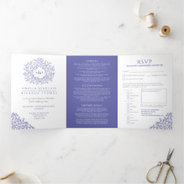 Monogram-blaue Blätter Hochzeit Dreifach Gefaltete Einladung