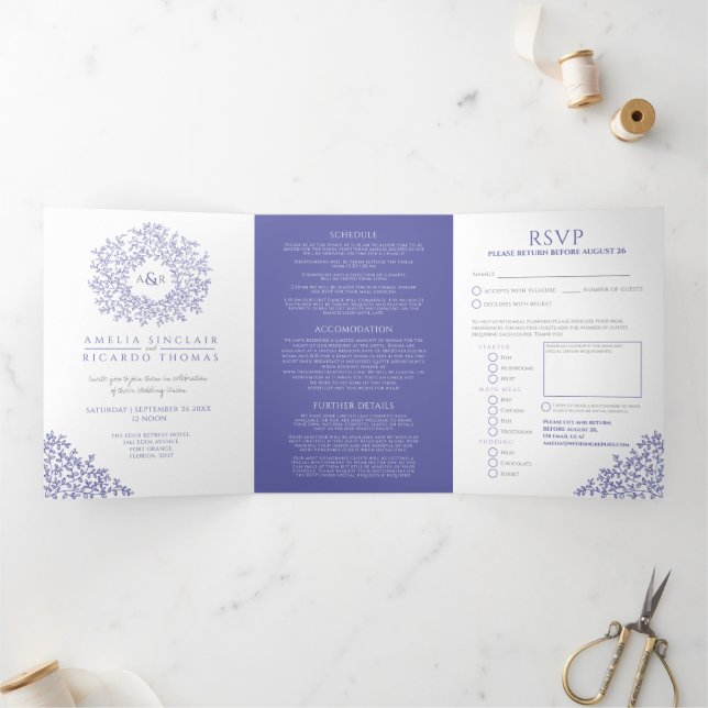 Monogram-blaue Blätter Hochzeit Dreifach Gefaltete Einladung (Innenseite)
