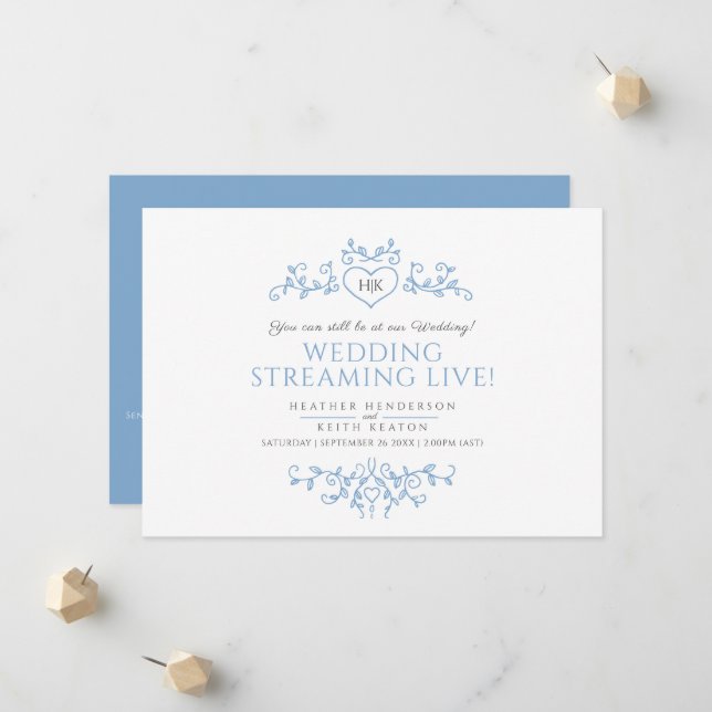 Monogram-blaue Blätter HochzeitLive-Stream Ankündigung (Vorderseite/Rückseite Beispiel)