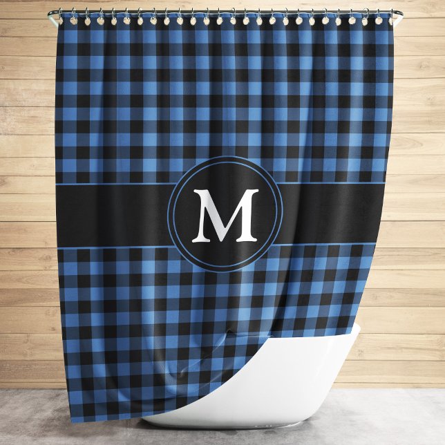 Monogram Blue And Black Plaid Checkered Pattern Duschvorhang (Modern Monogram Blue Plaid Shower Curtain)