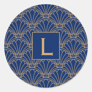 Monogram Blue and Gold Art Deco Lüfter Motif Blume Runder Aufkleber