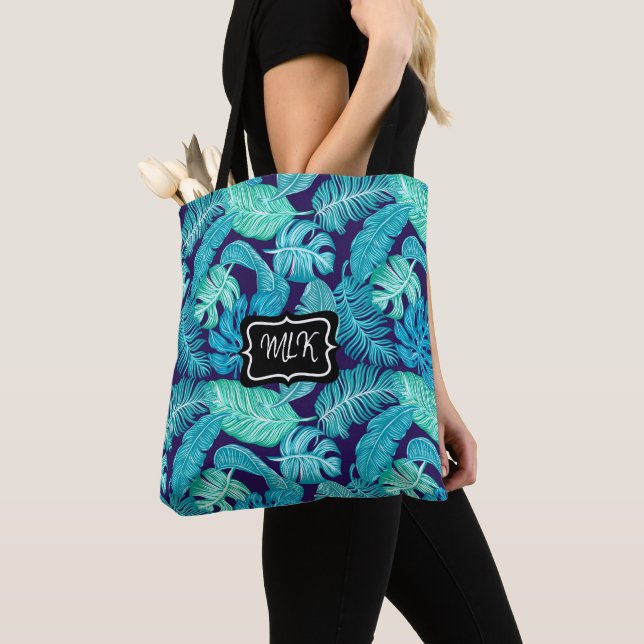 Monogram Blue and Green Tropical Blätter on Black Tasche (Von Nahem)