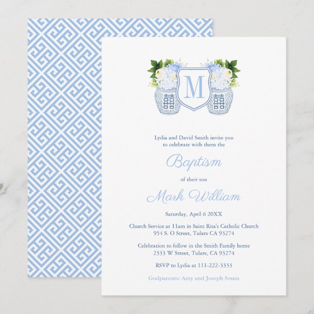 Monogram Blue and White Baby Boy Christening Einladung (Vorne/Hinten)