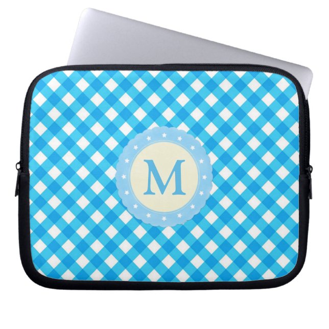 Monogram Blue and White Gingham Pattern Laptopschutzhülle (Vorderseite)