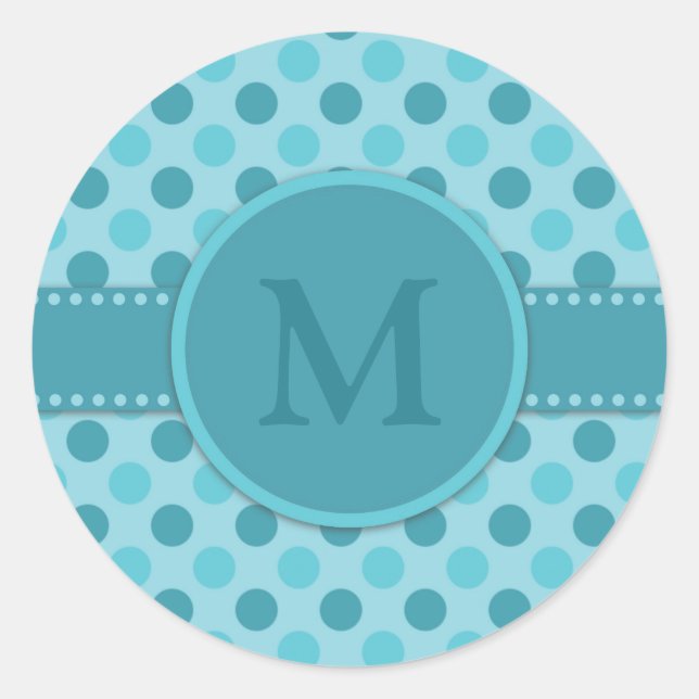 Monogram Blue Aquamarin Polka Dots Runder Aufkleber (Vorderseite)