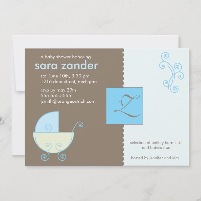 Monogram Blue Baby Dusche Einladung (Vorderseite)