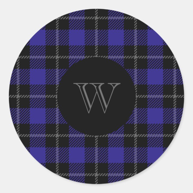 Monogram Blue Black Kariert Runder Aufkleber (Vorderseite)