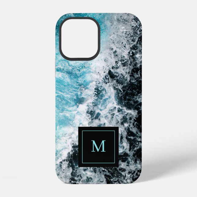 Monogram Blue Black Ocean Waves Hawaii iPhone 12 Hülle (Rückseite)
