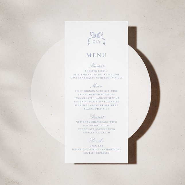 Monogram Blue Bow Wedding Menu Card Einladung (Von Creator hochgeladen)