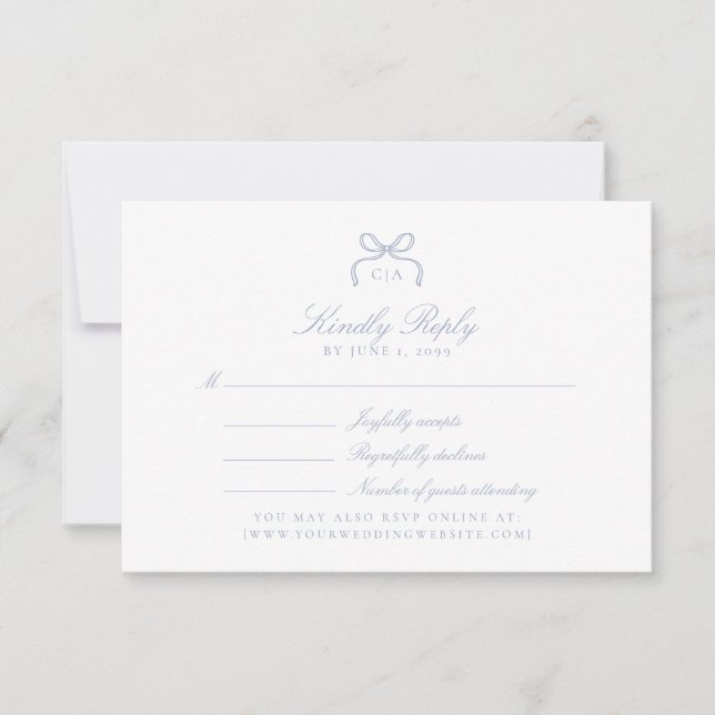 Monogram Blue Bow Wedding RSVP Card (Devant)