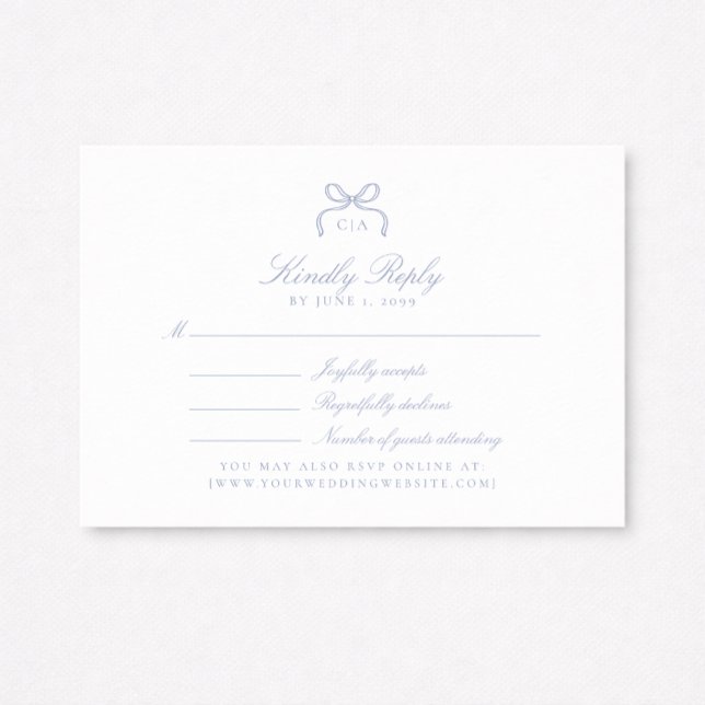 Monogram Blue Bow Wedding RSVP Card Karte (Von Creator hochgeladen)