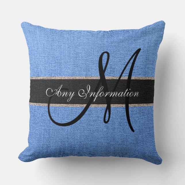 Monogram Blue Burlap Rustic Jute Kissen (Vorderseite)