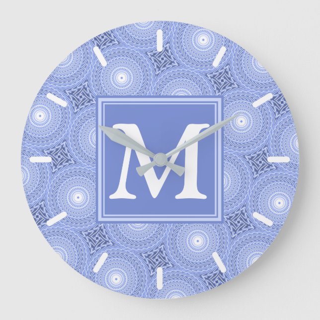 Monogram blue circles pattern große wanduhr (Vorderseite)