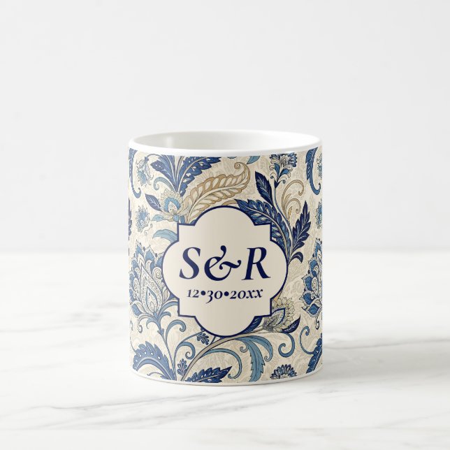 Monogram Blue & Cream Damask Floral Wedding Kaffeetasse (Mittel)