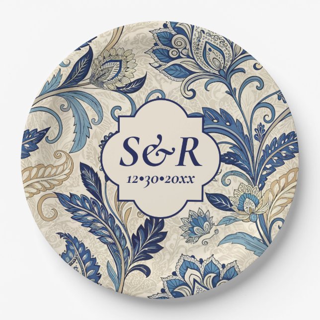 Monogram Blue & Cream Damask Floral Wedding Pappteller (Vorderseite)