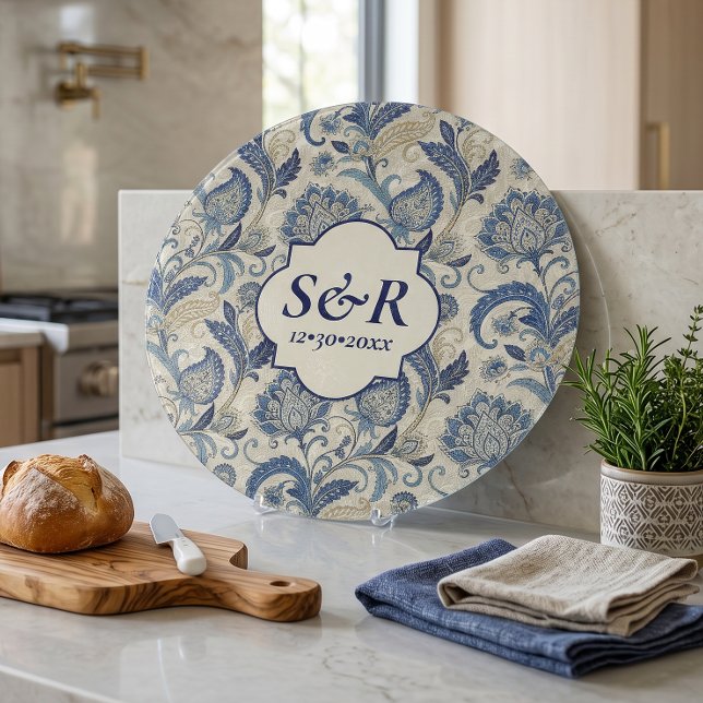 Monogram Blue & Cream Damask Floral Wedding Schneidebrett (Von Creator hochgeladen)