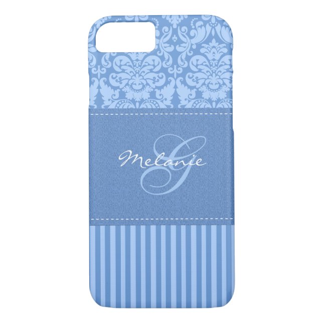 Monogram Blue Damask Stripe iPhone 7 Coque (Dos)