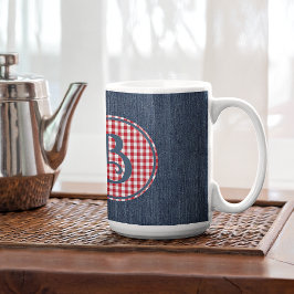 Monogram, Blue Denim Red White Karo 15oz Kaffeetasse
