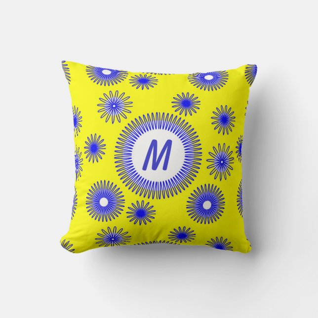 Monogram Blue Digital Blume Muster Kissen (Vorderseite)